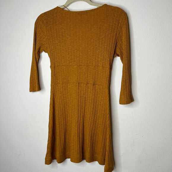 Pull & Bear Golden Yellow Cotton Rib Long Sleeve VNeck Button Up Mini Dress S - Picture 5 of 13